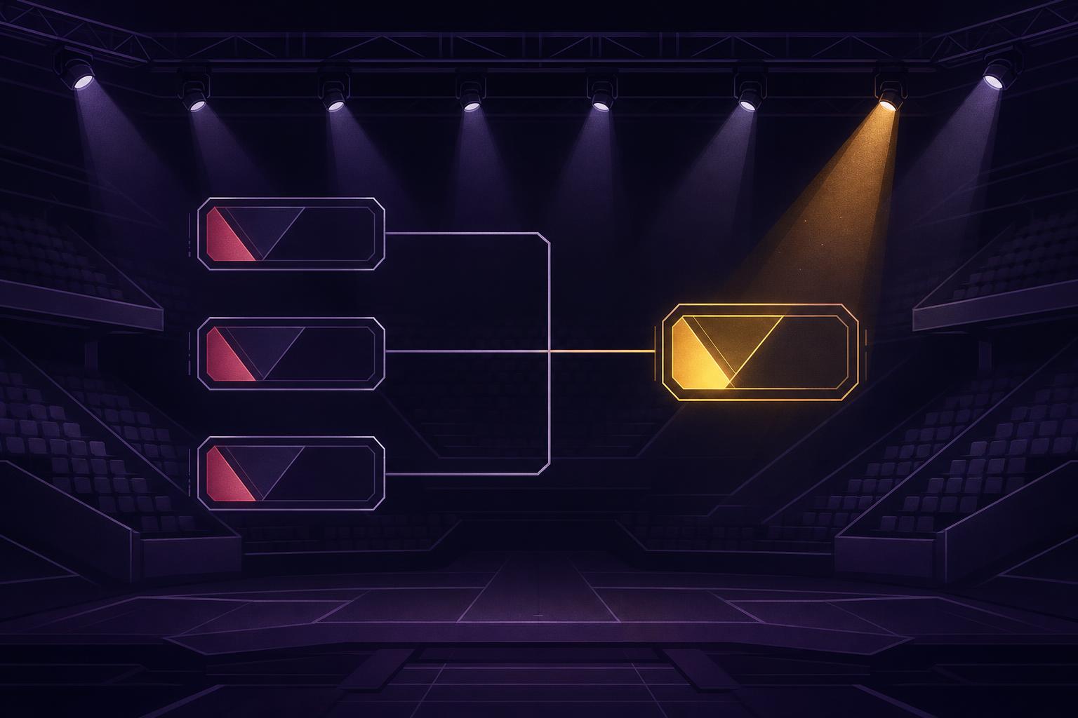 Tyylikuva: esports-sarjataulukko, jossa kolme ottelusolmua kaventuu yhdeksi loppuottelusolmuksi areenan valaistuksen alla